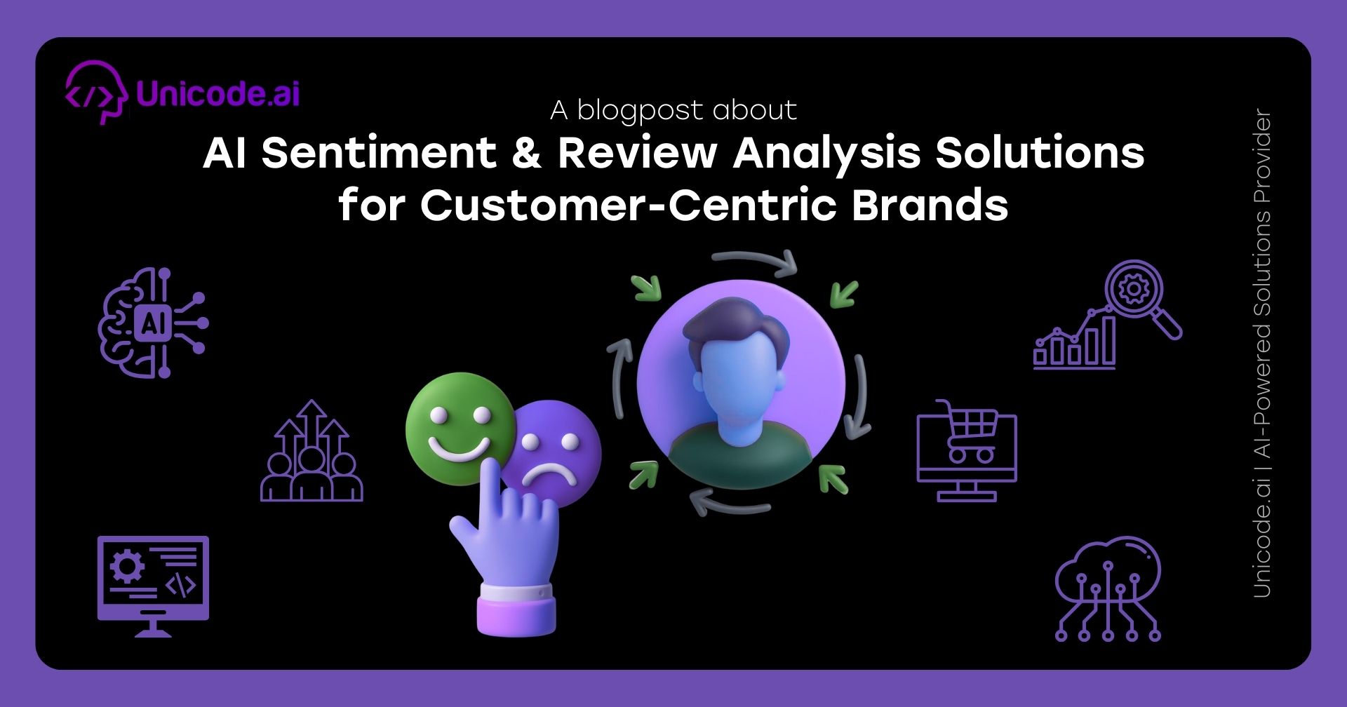 Blog cover with Unicode.ai logo featuring AI sentiment and review analysis solutions icons, including a hand selecting a happy face, user avatar surrounded by arrows, and various tech and analytics symbols on a black and purple background.