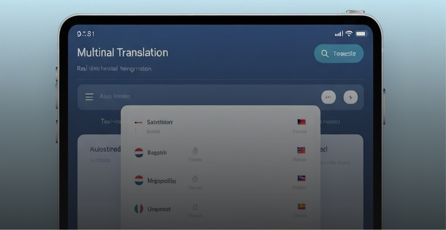 Smartphone screen showing a multilingual translation app interface with various language options and flags.