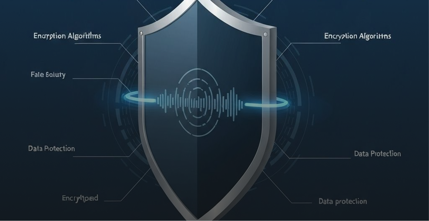 Dark shield icon with digital waveform and circular patterns representing encryption, with labels for encryption algorithms, data security, and data protection.