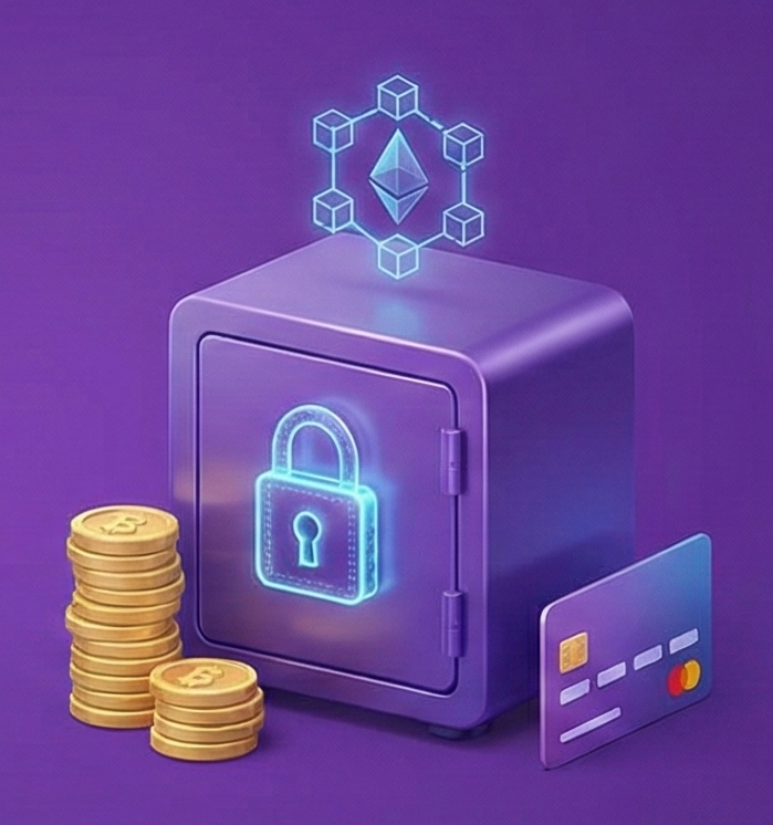 Purple safe with a glowing padlock icon, stack of gold coins, credit card, and Ethereum blockchain symbol above.