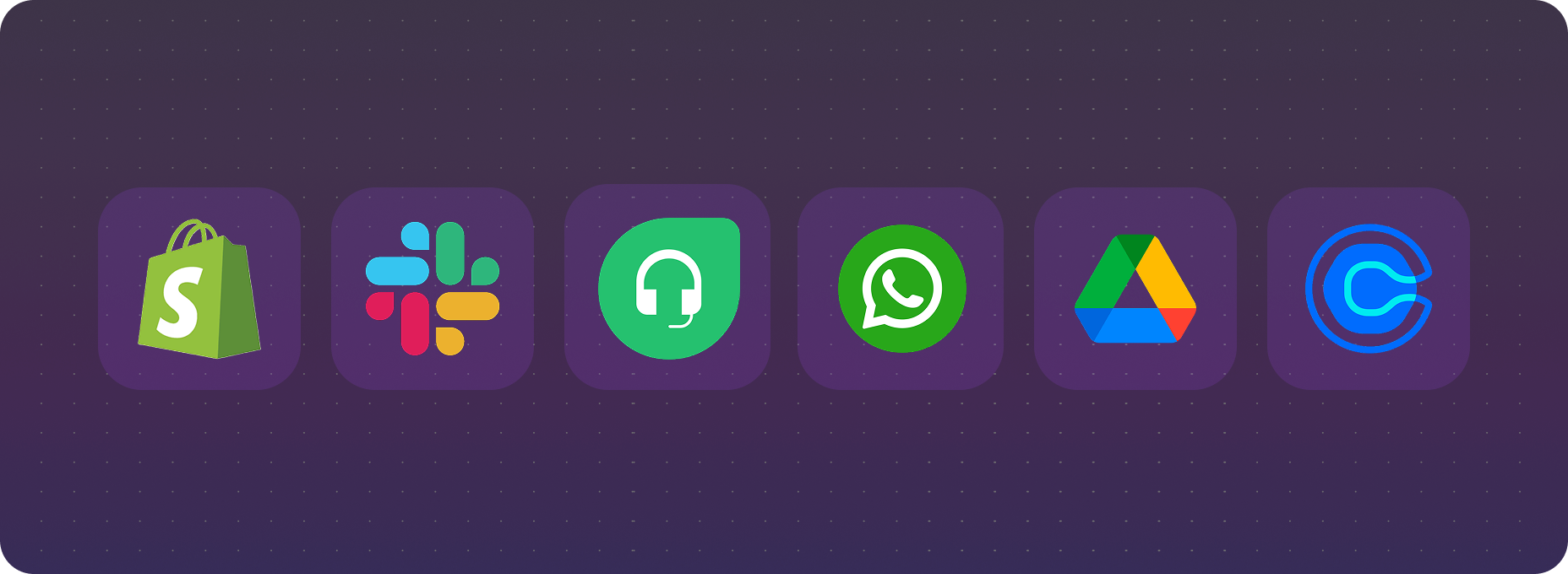 App icons for Shopify, Slack, Freshdesk, WhatsApp, Google Drive, and Chargebee on a dark purple background.