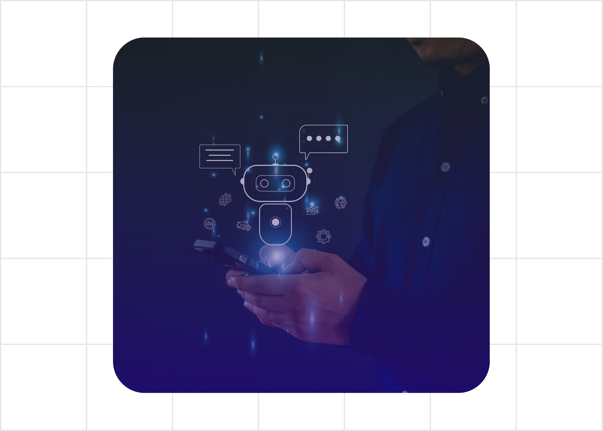 Person holding a smartphone with holographic chatbot and digital communication icons above the device.