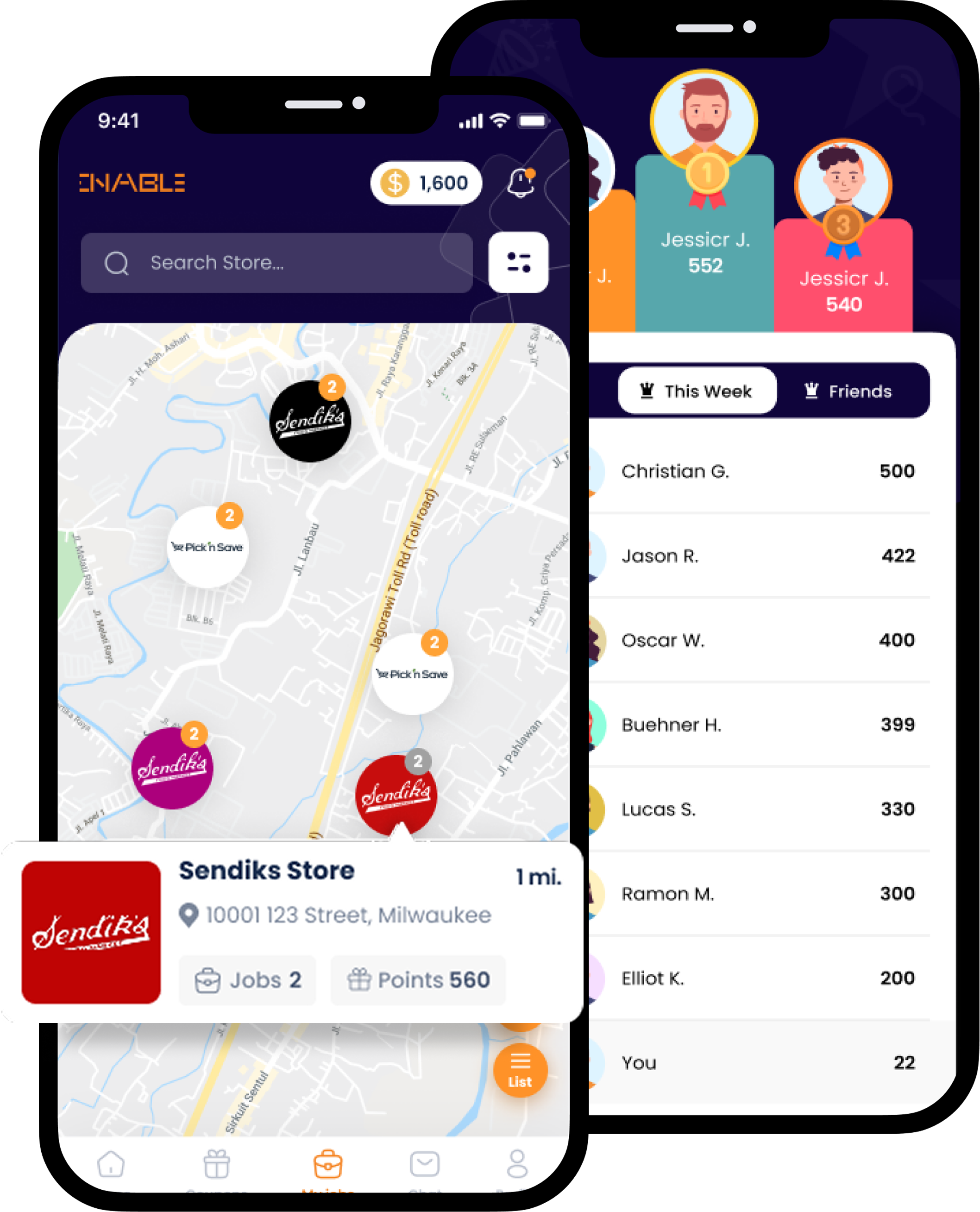 Mobile app screens displaying a store map with Sendiks Store locations and a leaderboard showing user rankings and points.