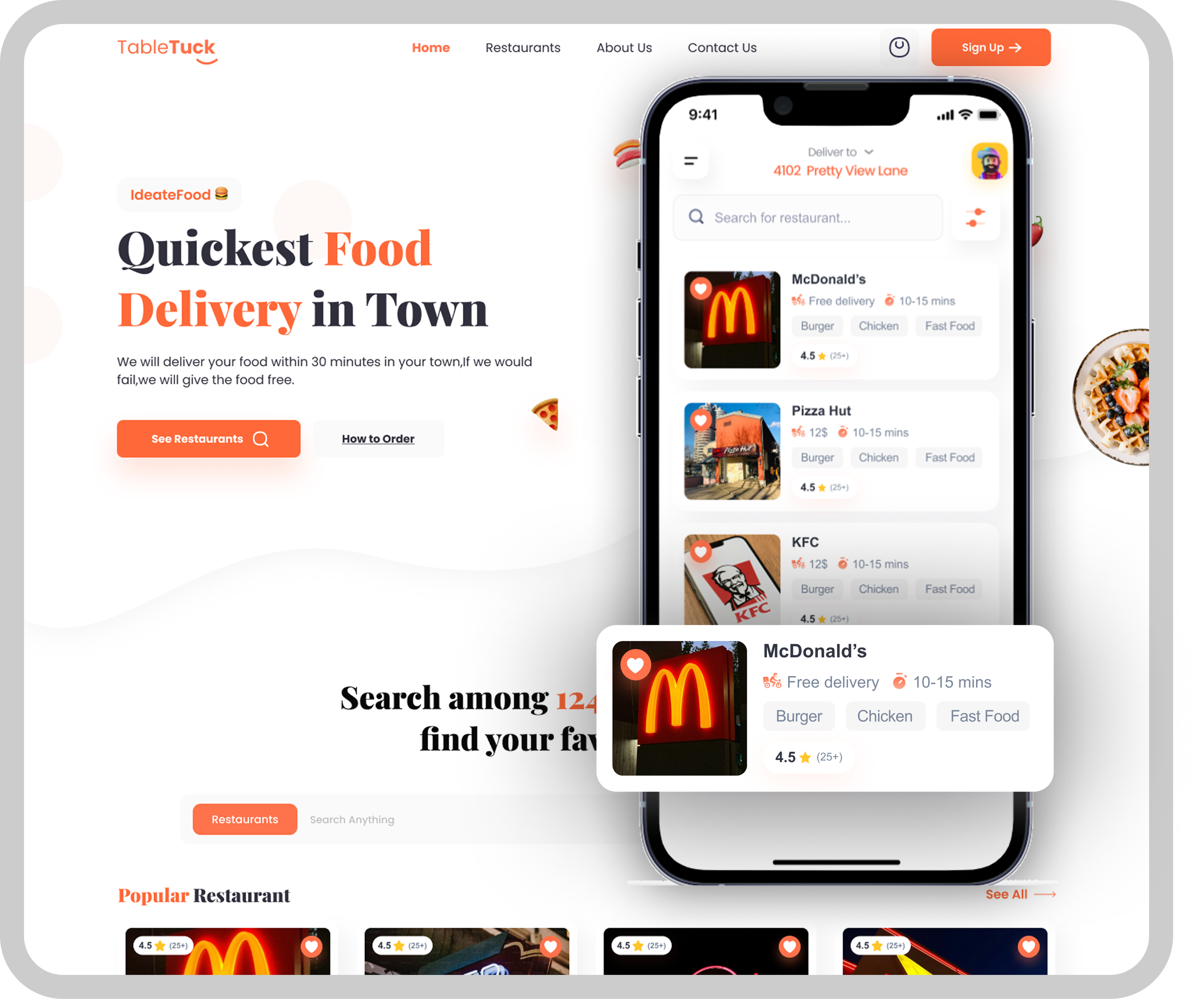 TableTuck food delivery app homepage showing quick food delivery guarantee, restaurant search, and listings including McDonald's, Pizza Hut, and KFC with ratings and delivery times.