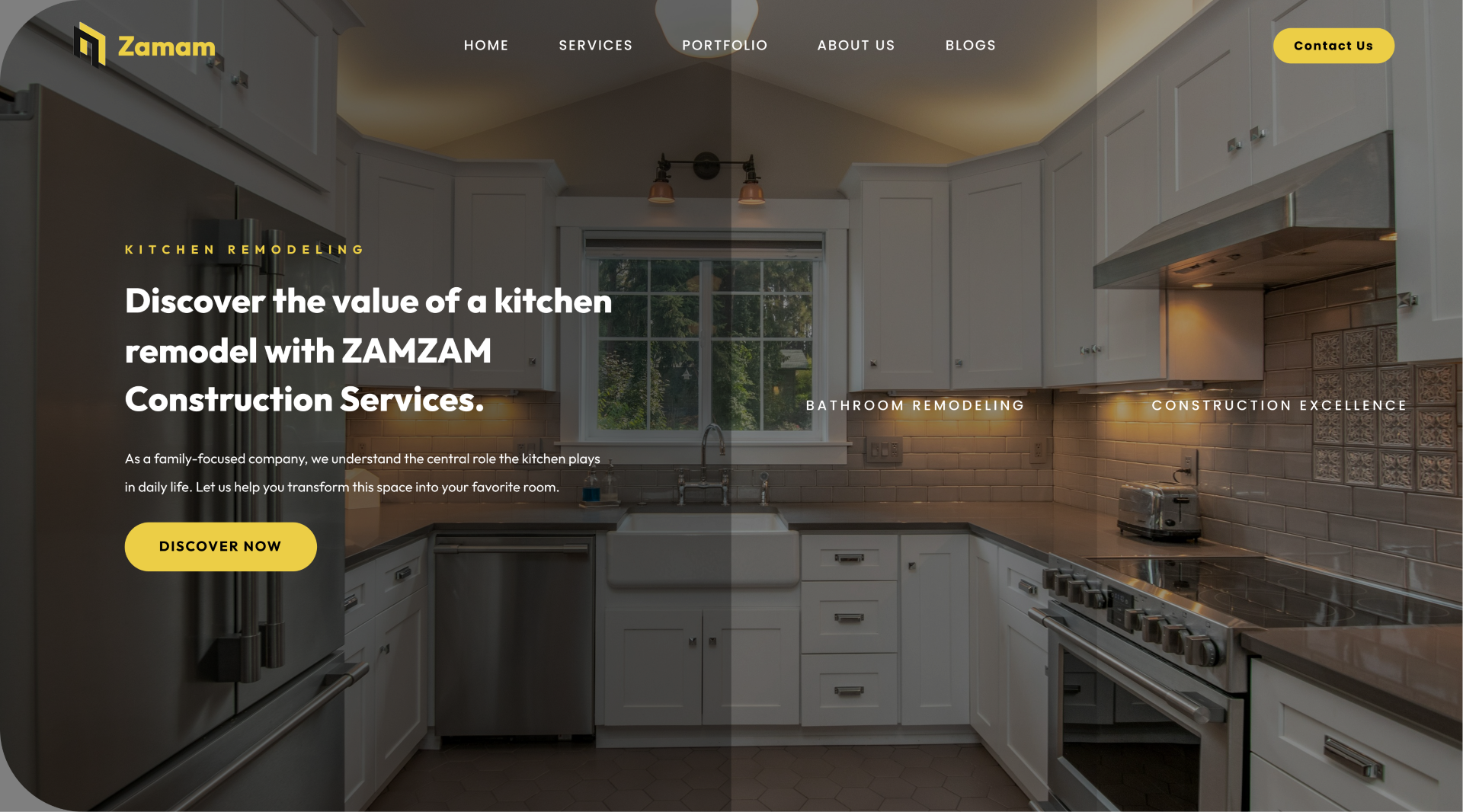 Modern kitchen with white cabinets, stainless steel appliances, a farmhouse sink below a window, and under-cabinet lighting.