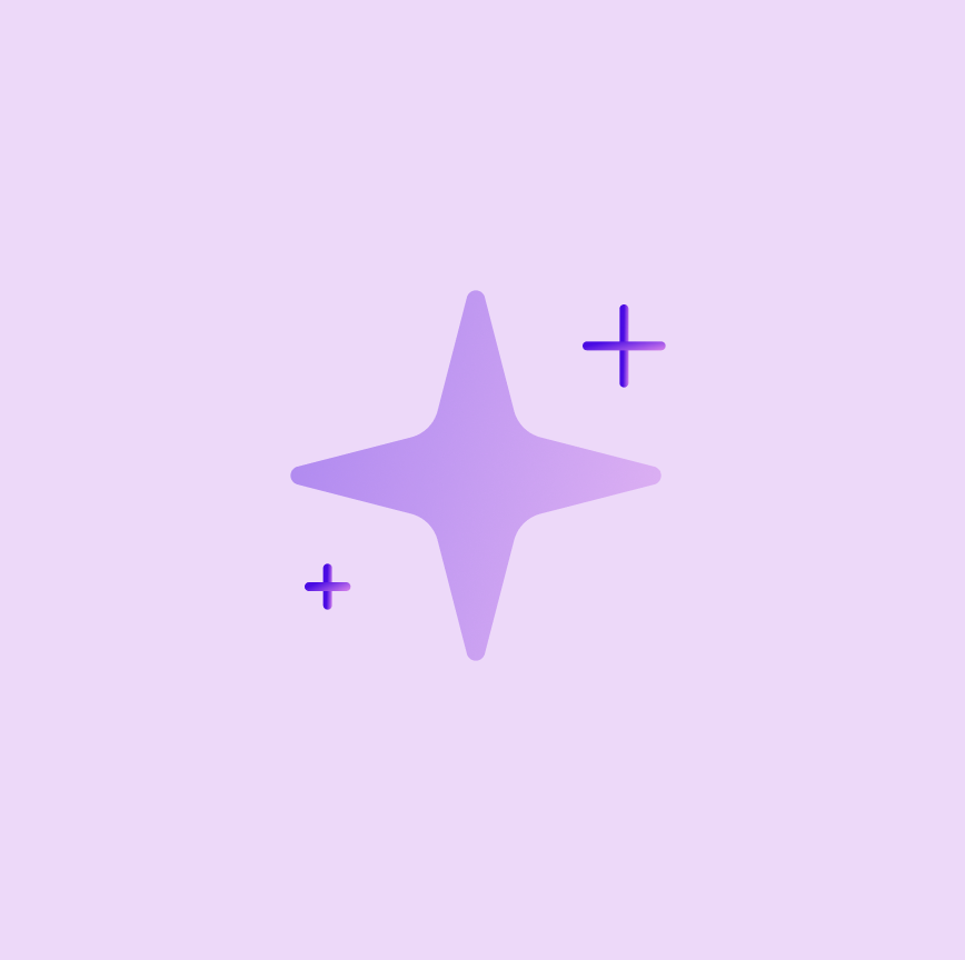 Purple background with a large four-point star shape and two smaller plus signs in gradient purple shades.