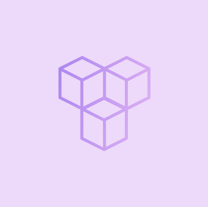 Three interconnected transparent cubic outlines with gradient purple lines on a solid purple background.