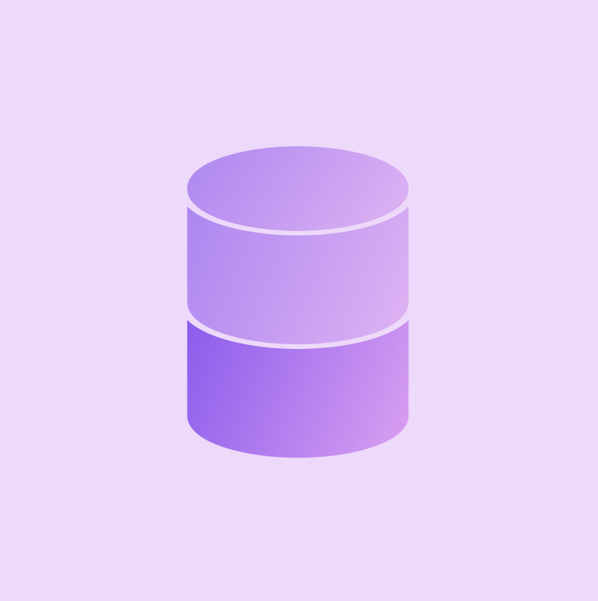 Purple cylindrical database icon with gradient shades on a solid purple background.