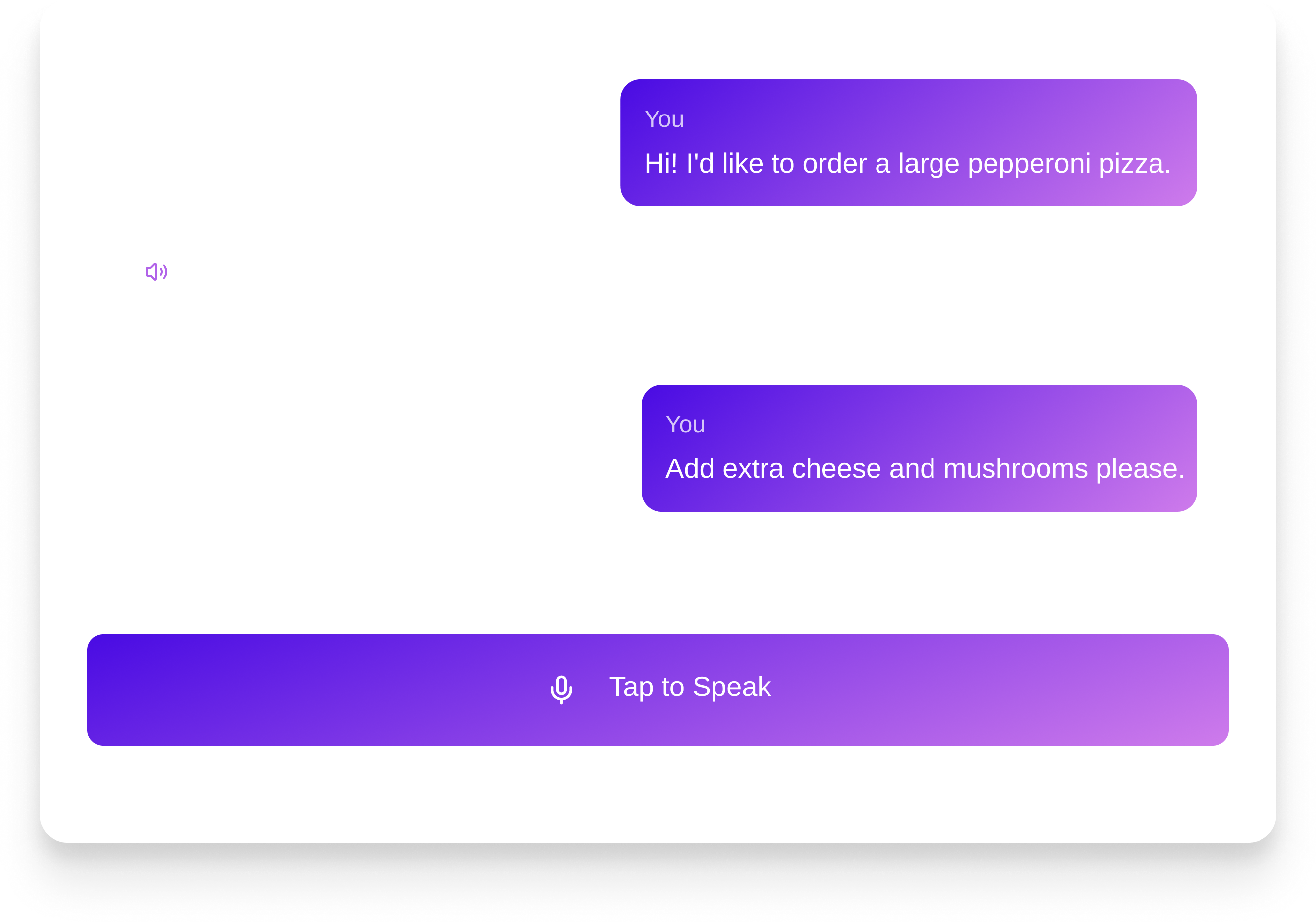 Chat interface showing a user ordering a large pepperoni pizza with extra cheese and mushrooms via voice input.