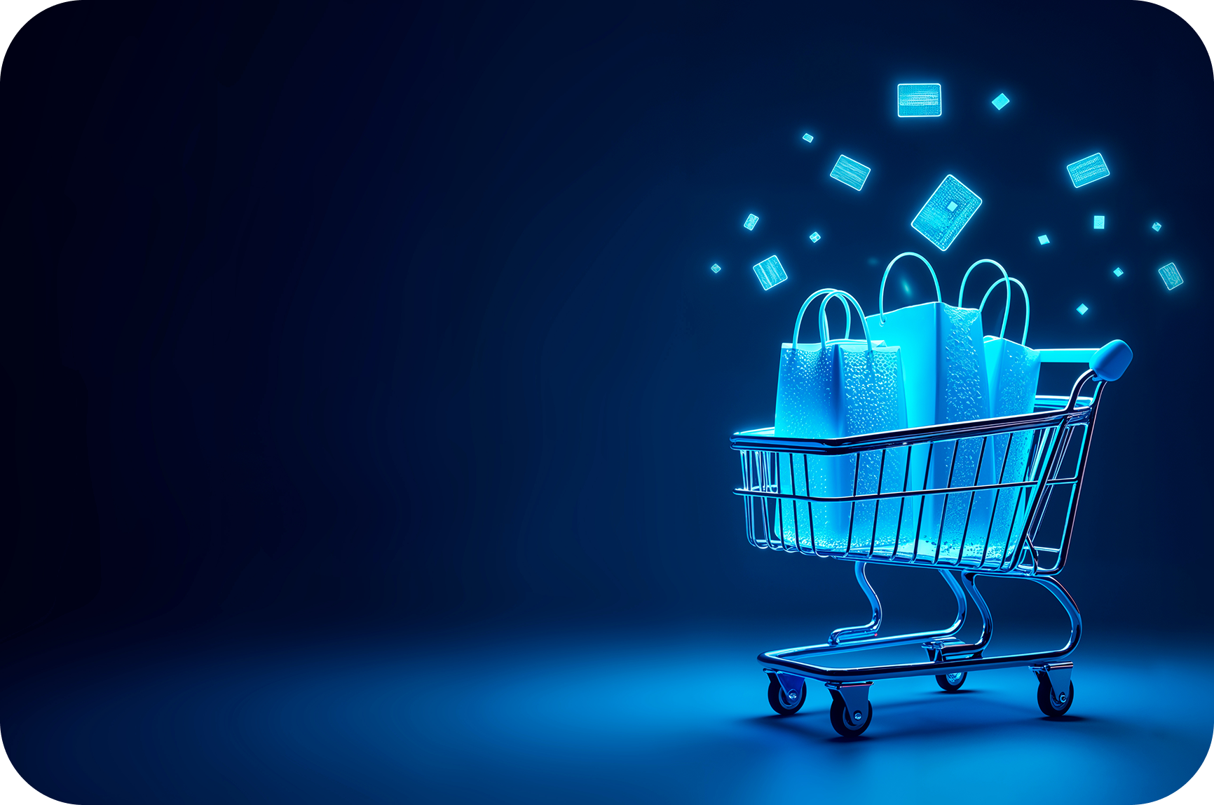 Shopping cart with several blue shopping bags and floating blue digital card icons on a dark blue background.