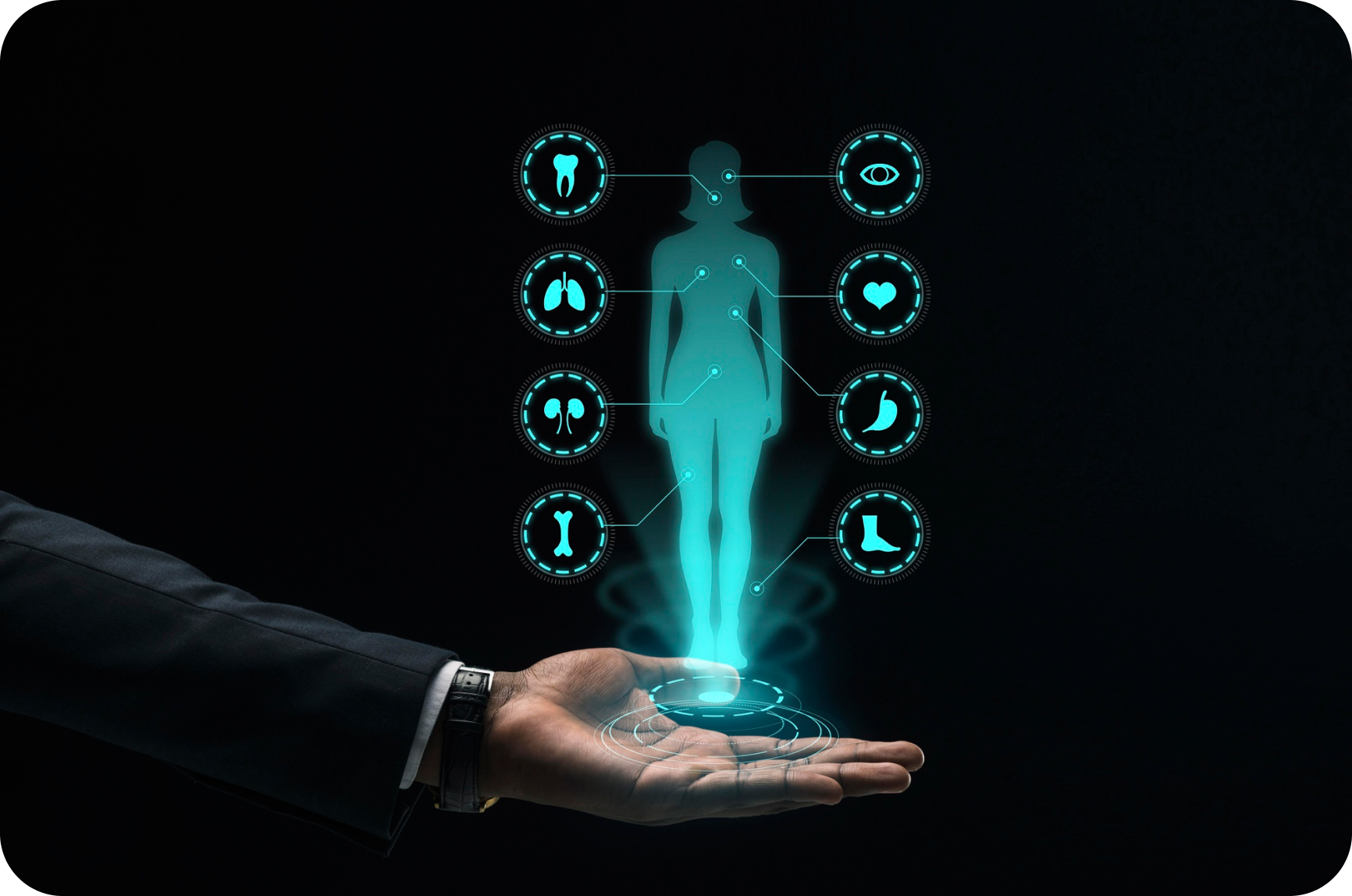 Hand in a suit holding a holographic female silhouette with glowing icons representing teeth, lungs, kidneys, bones, eyes, heart, stomach, and foot.