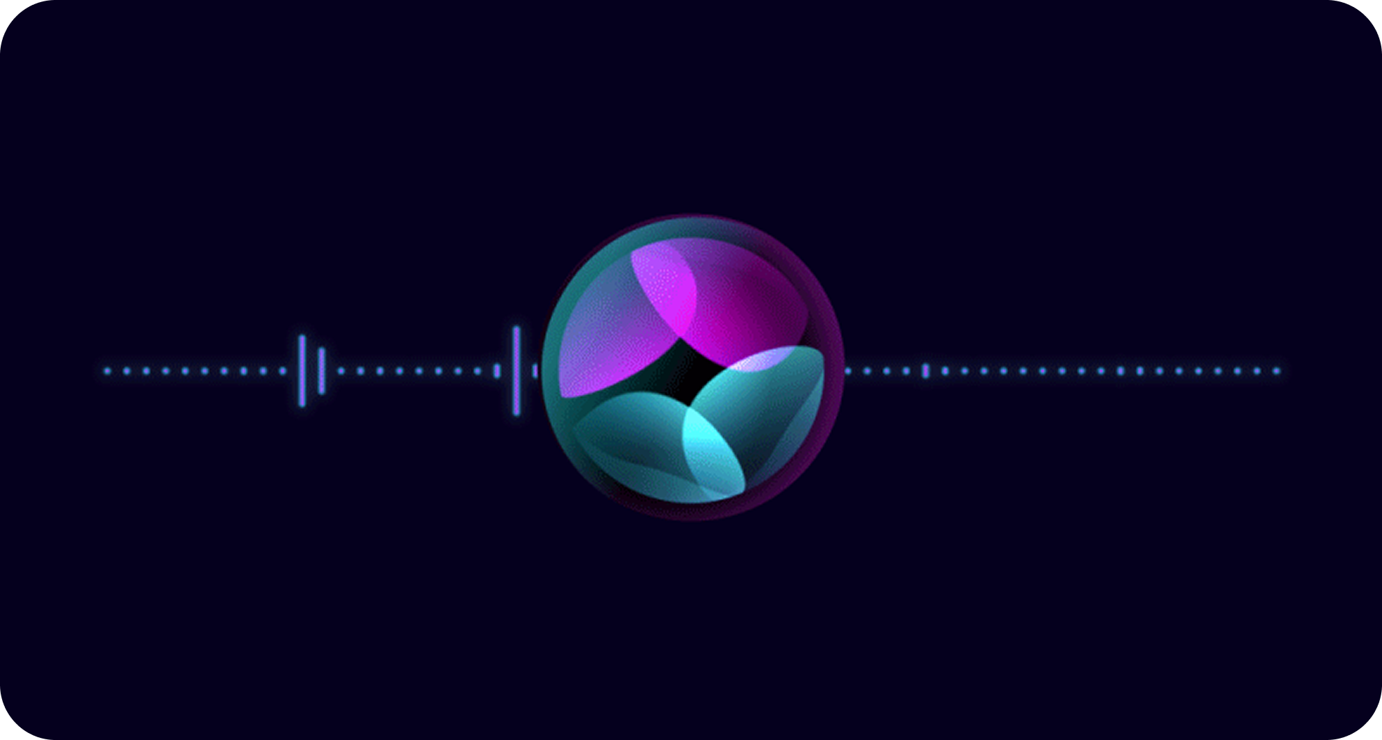 Colorful spherical digital icon with overlapping pink and blue translucent shapes emitting a dotted horizontal line on a dark background.