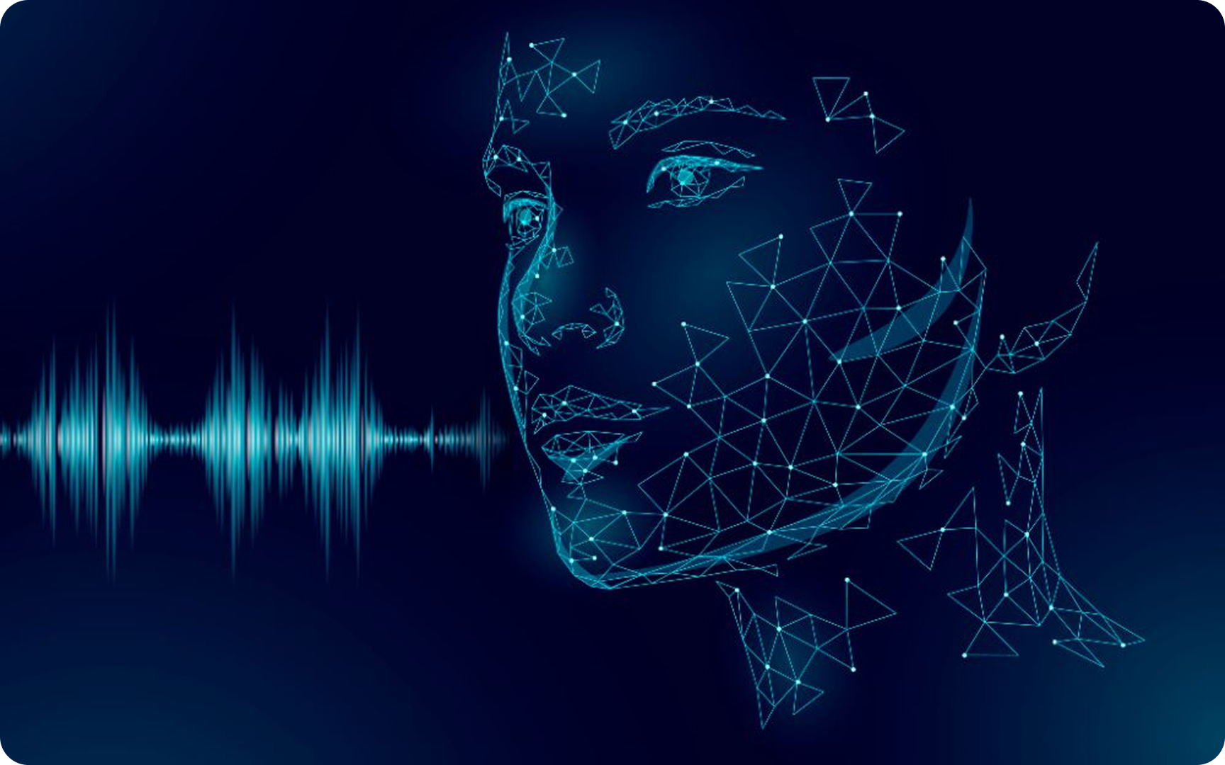 Digital wireframe of a human face with connected triangular nodes and a sound wave pattern to the left on dark blue background.