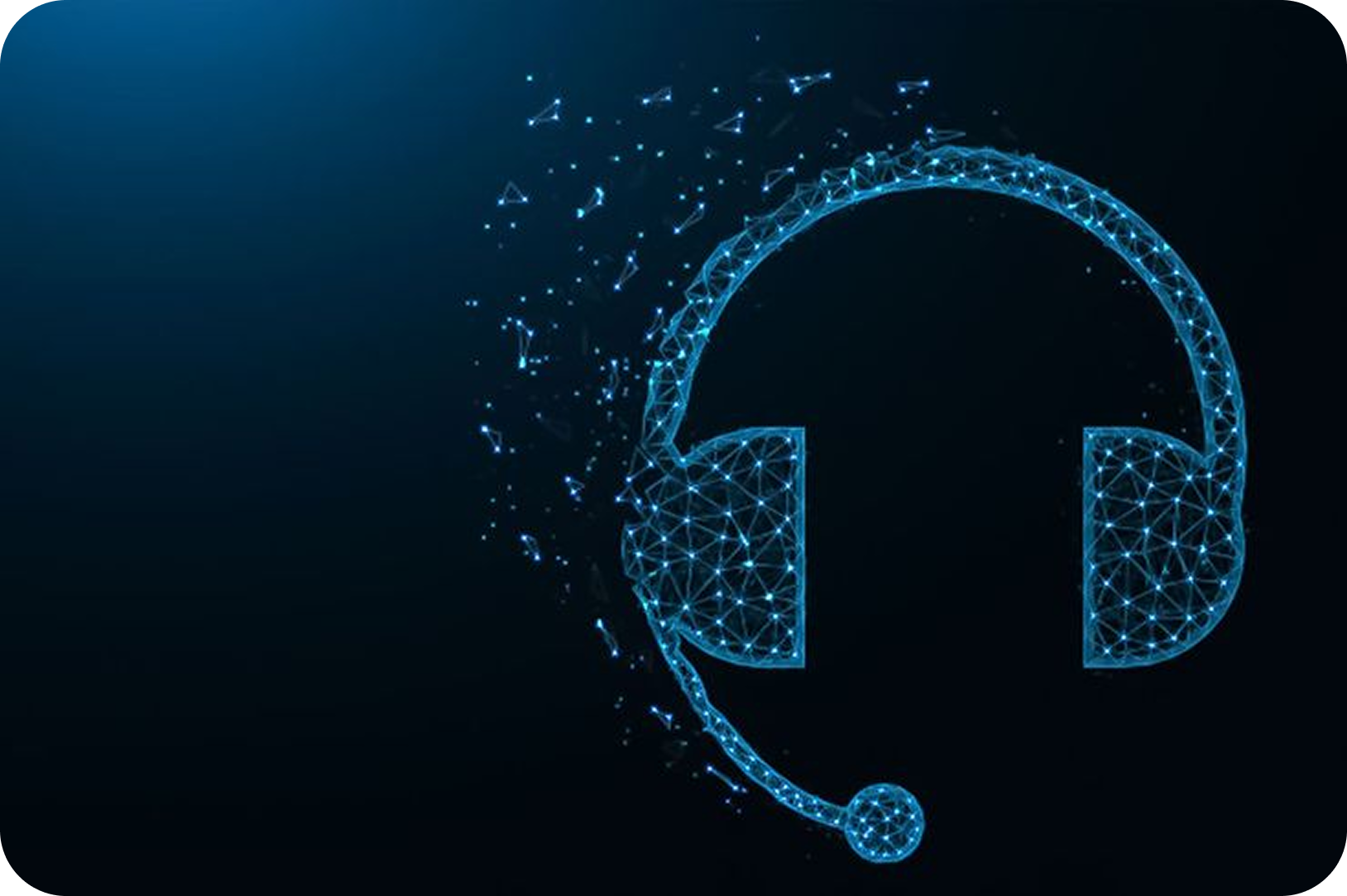 Futuristic blue digital wireframe headset with microphone on dark background.