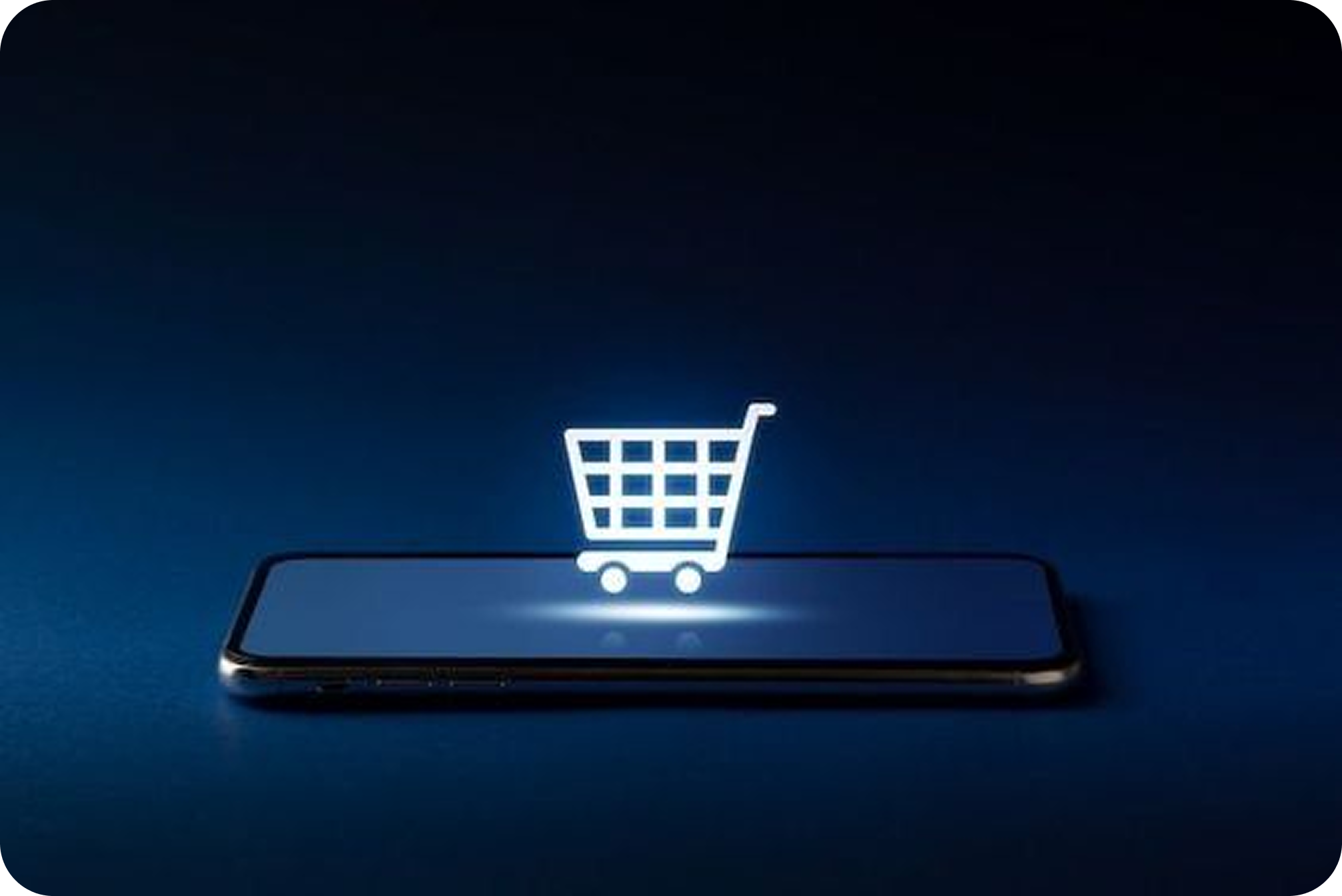 A glowing white shopping cart icon hovering above a smartphone on a dark blue background.