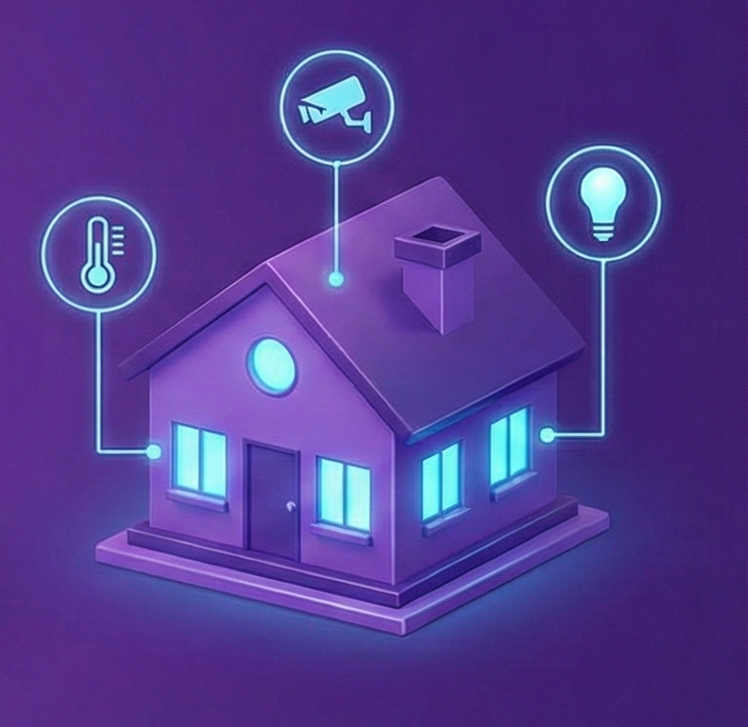 Illustration of a purple house with glowing windows connected to icons representing thermostat, security camera, and light bulb.