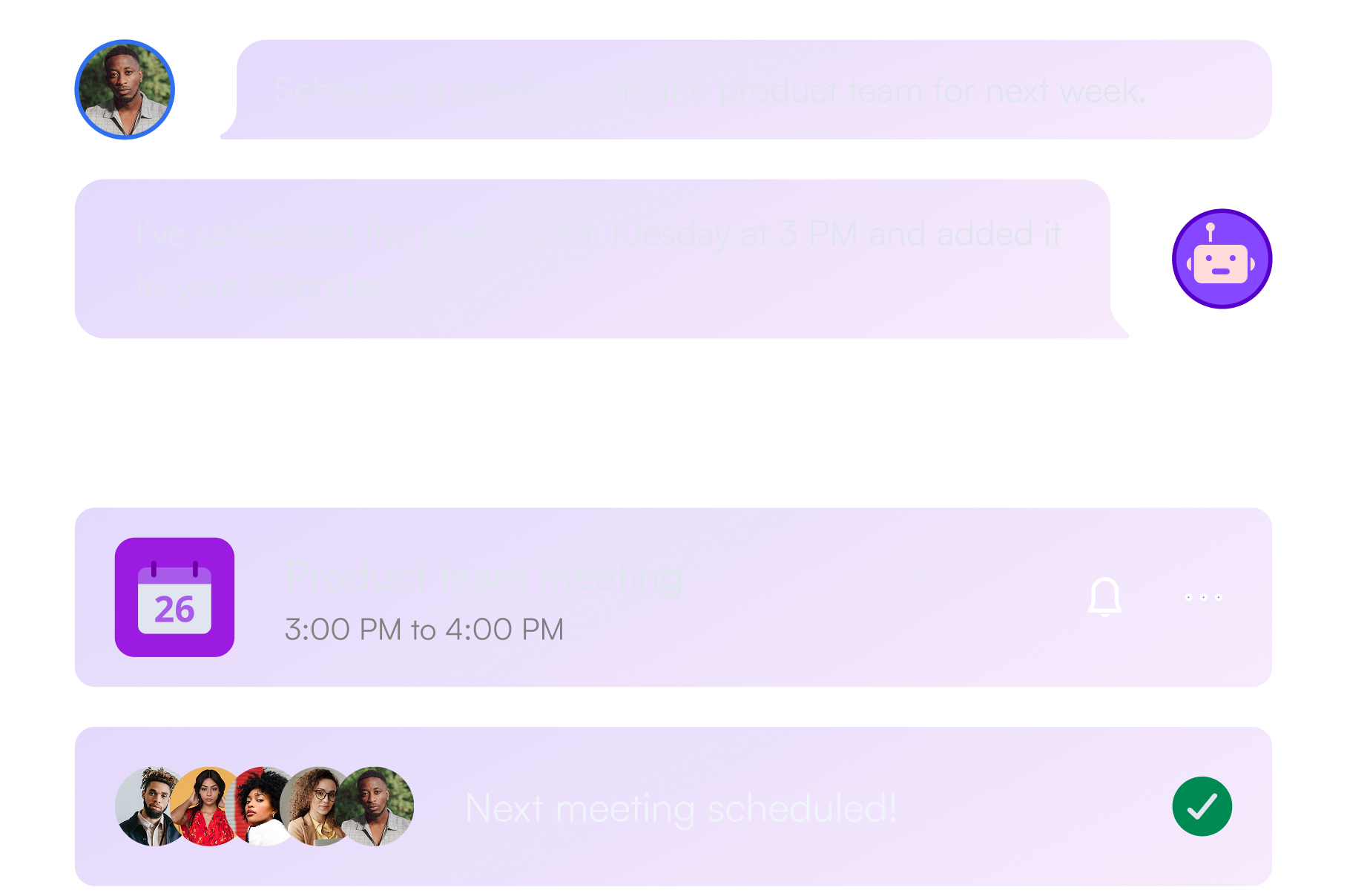 Chat conversation scheduling a product team meeting for Tuesday at 3 PM with a calendar event and confirmation message.